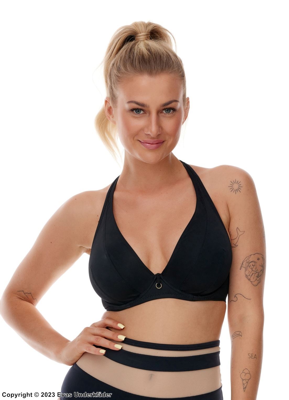 Bikini top with real bra cups, high quality microfiber, halterneck, A to H-cup